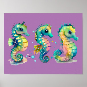 Watercolor Pastel Rainbow Seahorses Poster