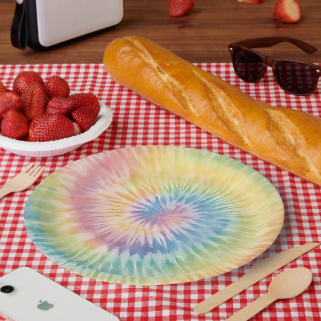 Watercolor Pastel Rainbow Tie Dye  Paper Plate (Picnic)