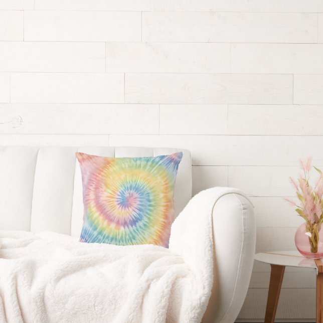 Watercolor Pastel Rainbow Tie Dye Throw Pillow (Couch)