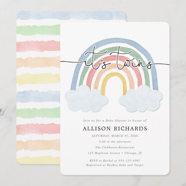 Watercolor pastel rainbow twins baby shower invitation (Front/Back)