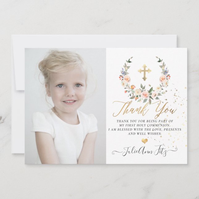 Watercolor Pastel Roses Communion Thank You Invitation (Front)