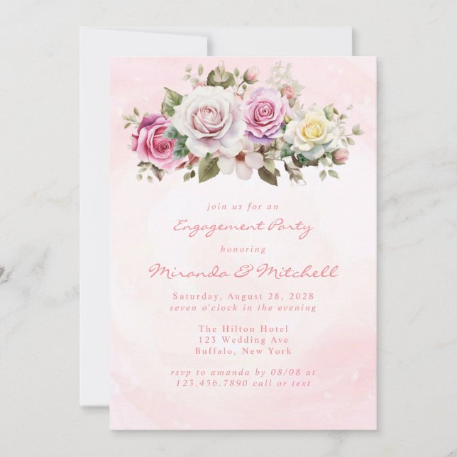 Watercolor Pastel Roses Engagement Party Invitation (Front)