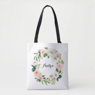 Watercolor Pastel Roses Floral Wreath Bridesmaid Tote Bag
