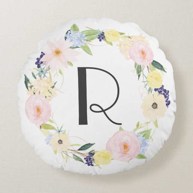 Watercolor Pastel Spring Floral Wreath Monogram Round Cushion (Front)