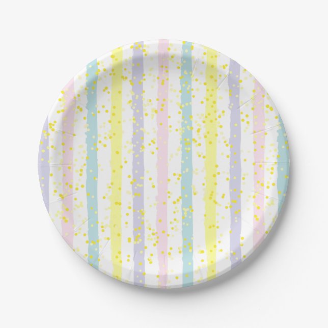 Watercolor Pastel Stripes and Dots Paper Plate (Front)