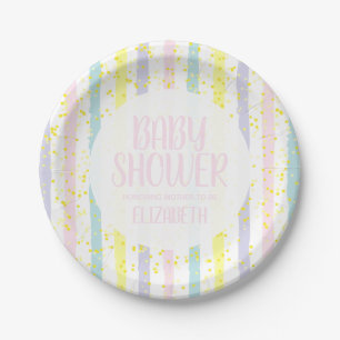 Watercolor Pastel Stripes Girl Baby Shower Paper Plate