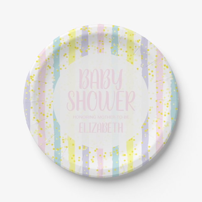 Watercolor Pastel Stripes Girl Baby Shower Paper Plate (Front)