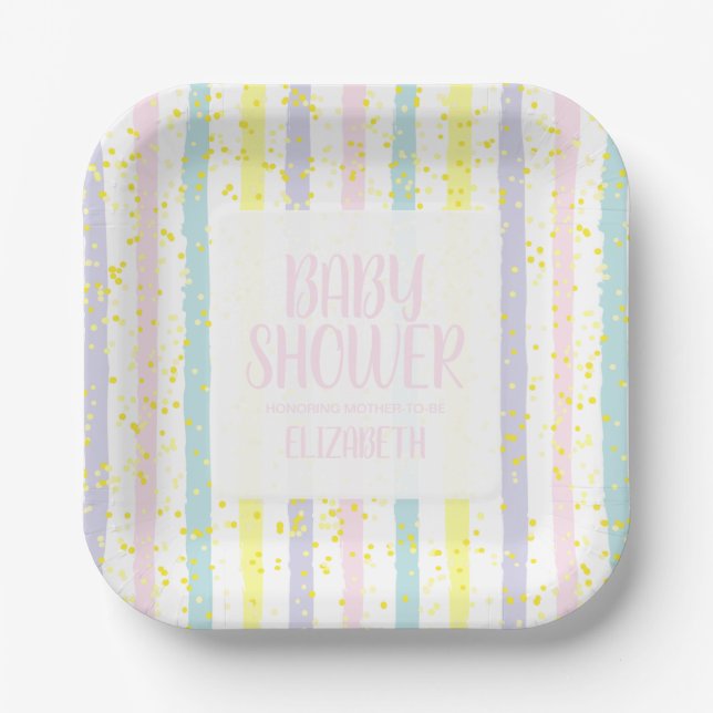 Watercolor Pastel Stripes Girl Baby Shower Paper Plate (Front)