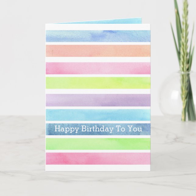 Watercolor Pastel Stripes Happy Birthday To You Card (Front)