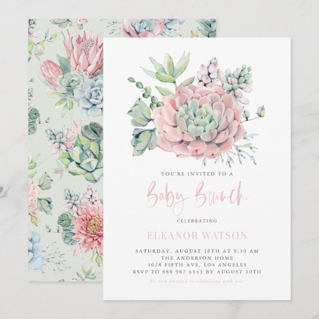 Watercolor Pastel Succulents Baby Brunch Invitation (Front/Back)