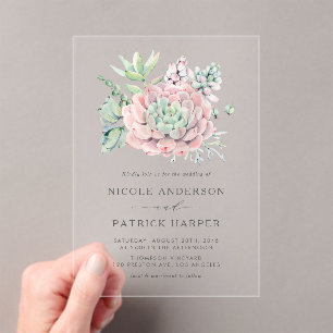 Watercolor Pastel Succulents Bouquet Wedding Acrylic Invitations
