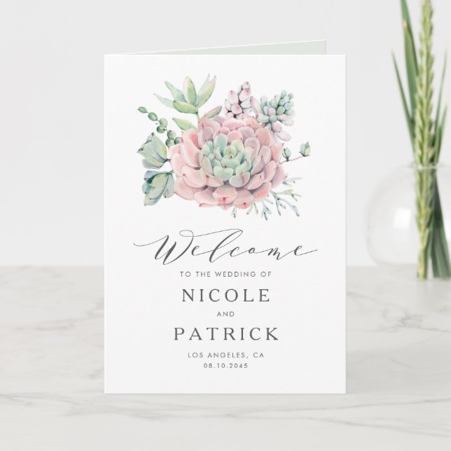 Watercolor Pastel Succulents Bouquet Wedding Programme (Front)