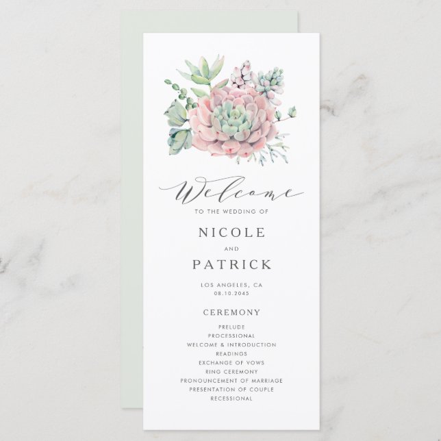 Watercolor Pastel Succulents Bouquet Wedding Programme (Front/Back)