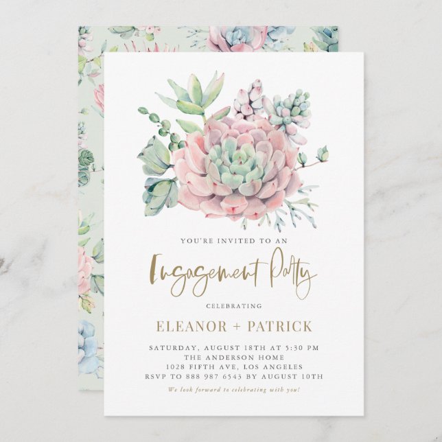 Watercolor Pastel Succulents Engagement Party Invitation (Front/Back)