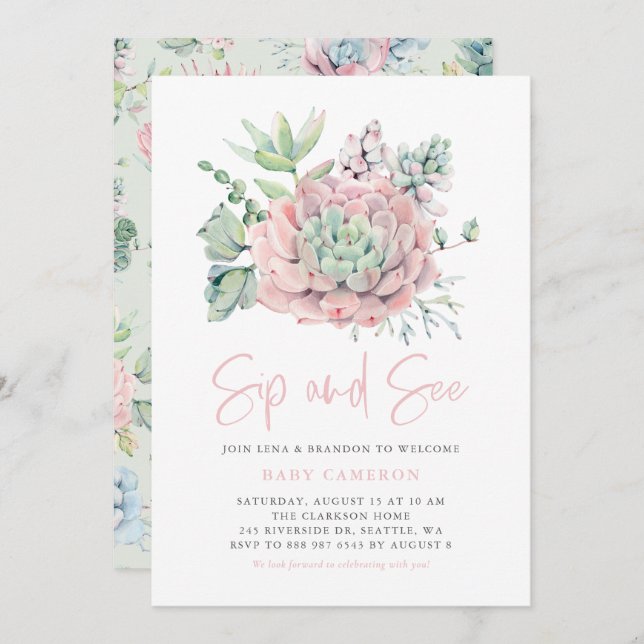 Watercolor Pastel Succulents Summer Sip and See Invitation (Front/Back)