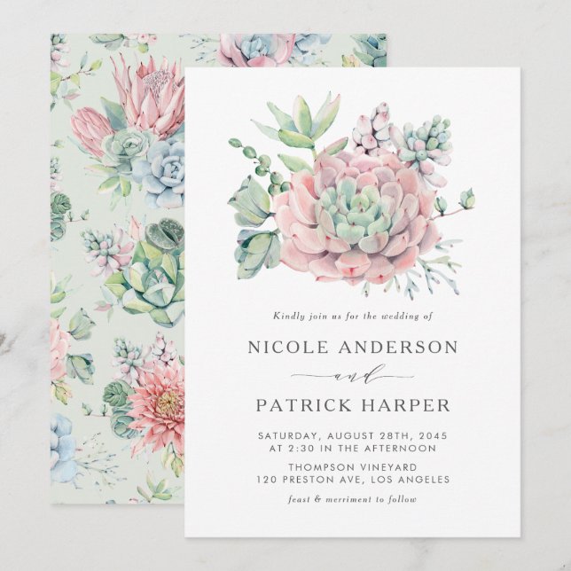 Watercolor Pastel Succulents Wedding Invitation (Front/Back)
