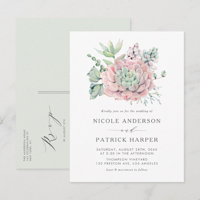 Watercolor Pastel Succulents Wedding Invitation Postcard (Front/Back)