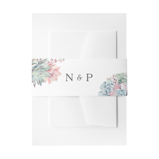 Watercolor Pastel Succulents Wedding Monogram Invitation Belly Band (Front Example)