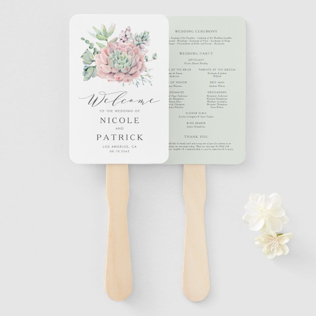Watercolor Pastel Succulents Wedding Program Hand Fan (Front and Back)