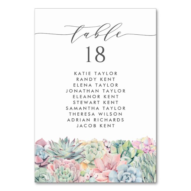 Watercolor Pastel Succulents Wedding Seating Table Number (Front)