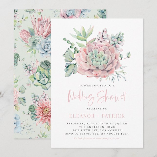 Watercolor Pastel Succulents Wedding Shower Invitation (Front/Back)
