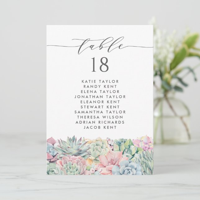 Watercolor Pastel Succulents Wedding Table Plan Invitation (Standing Front)