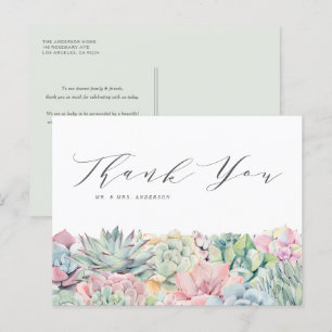 Watercolor Pastel Succulents Wedding Thank You Postcard