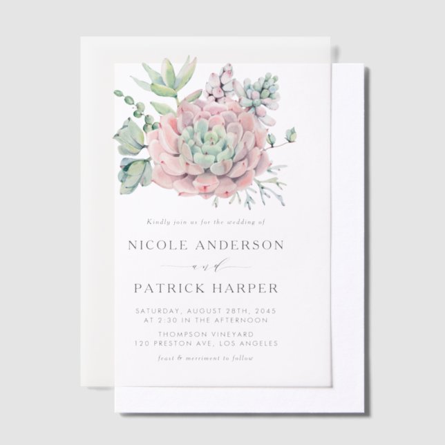 Watercolor Pastel Succulents Wedding Vellum Invitations (Offset)