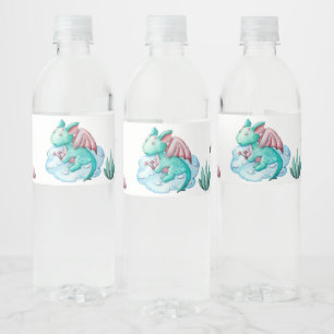 Watercolor Pastel Turquoise Dragon Baby Shower Water Bottle Label