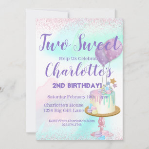 Watercolor Pastel Two Sweet Girl 2nd Birthday Invitation