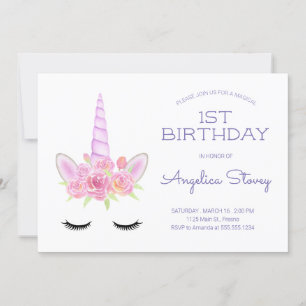 Watercolor Pastel Unicorn and Rainbow Birthday Invitation