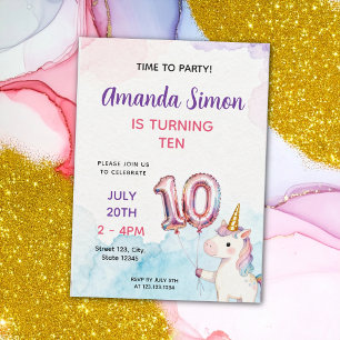 Watercolor Pastel Unicorn Girls 10th Birthday Invitation