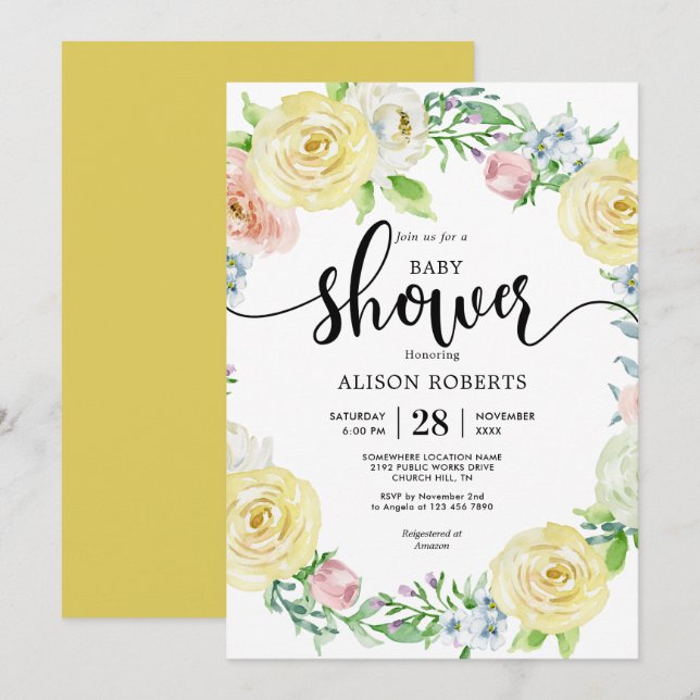 Watercolor pastel yellow wedding baby shower invitation (Front/Back)