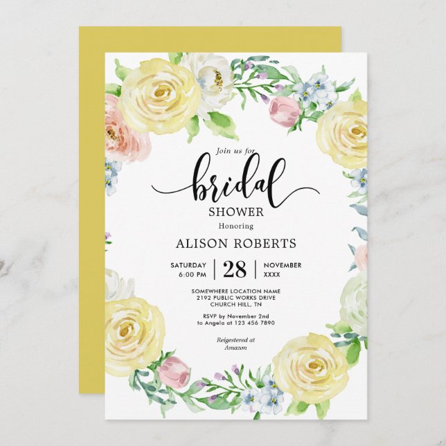 Watercolor pastel yellow wedding bridal shower invitation (Front/Back)