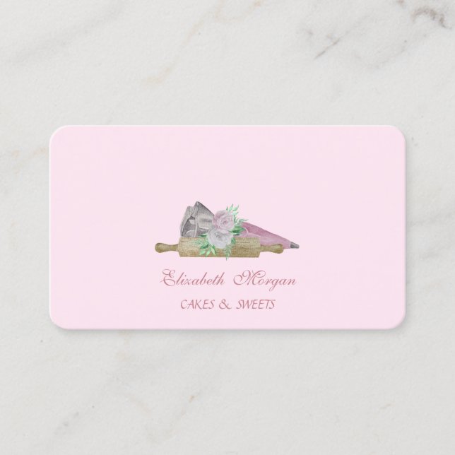 Watercolor Pastry Hand Tools Roller Pin Flowers  Business Card (Front)