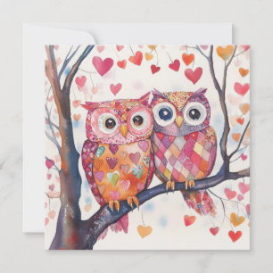 Watercolor Patchwork Owl Pair Valentine Holiday Card