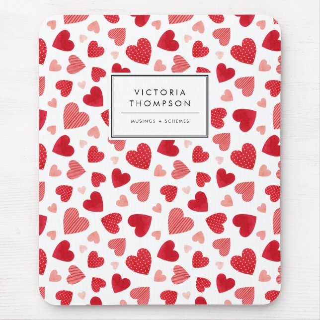 Watercolor Patchwork Red Hearts Pattern Mouse Mat (Front)