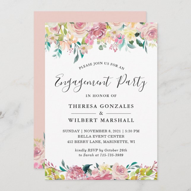 Watercolor Patel Blush Floral Engagement Party Invitation (Front/Back)