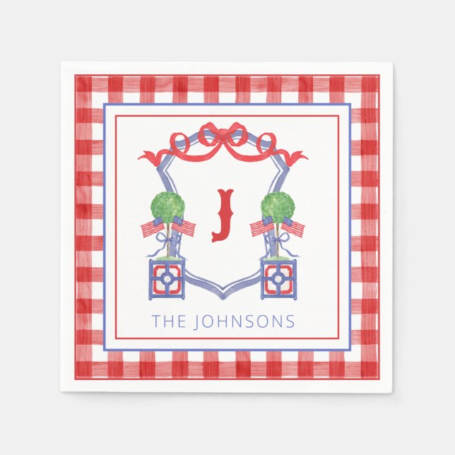 Watercolor Patriotic American Flag Topiary Crest Napkin (Front)