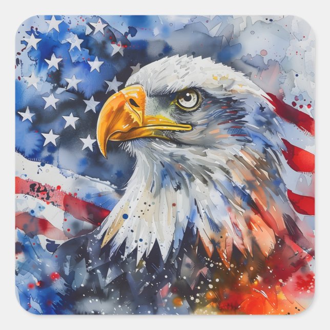 Watercolor Patriotic Bald Eagle American flag Square Sticker (Front)