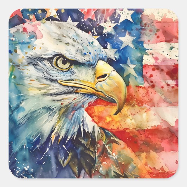 Watercolor Patriotic Bald Eagle American flag Square Sticker (Front)