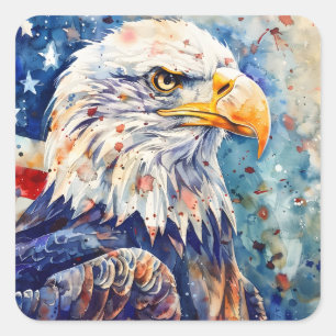 Watercolor Patriotic Bald Eagle American flag Square Sticker