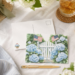 Watercolor Patriotic Blue Hydrangea Cottage Garden Holiday Postcard