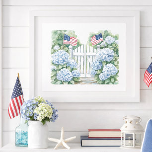 Watercolor Patriotic Blue Hydrangea Cottage Garden Poster