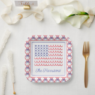 Watercolor Patriotic Bow American Flag Paper Plate