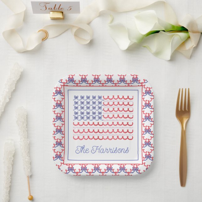 Watercolor Patriotic Bow American Flag Paper Plate (Wedding)