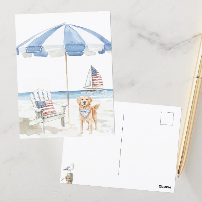 Watercolor Patriotic Dog Americana Beach Scene Postcard (Creator Uploaded)