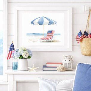 Watercolor Patriotic Red White & Blue Beach Scene Poster