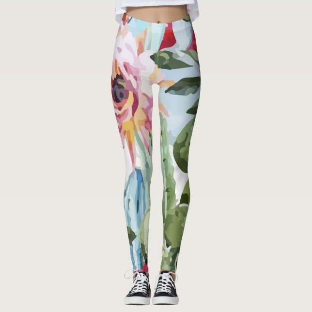 Watercolor Pattern Flowers Roses Leggings (Front)