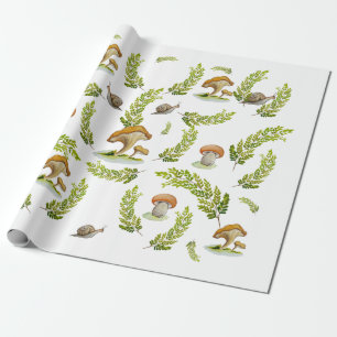 Watercolor pattern fungus and snail wrapping paper